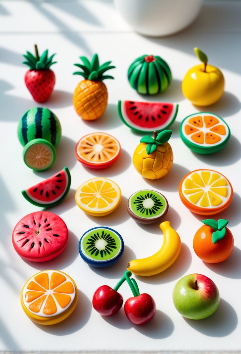 A collection of colorful fruit-shaped polymer clay magnets arranged on a white surface.
