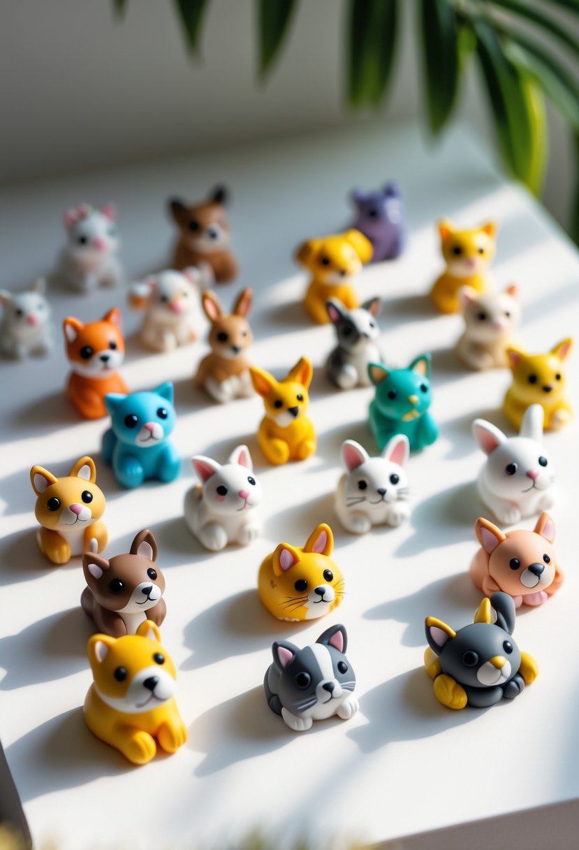 A collection of 15 small colorful animal figurine magnets made from polymer clay arranged on a white surface.