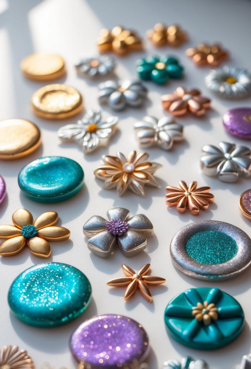 A collection of colorful metallic shimmer polymer clay magnets in various shapes arranged on a white surface.