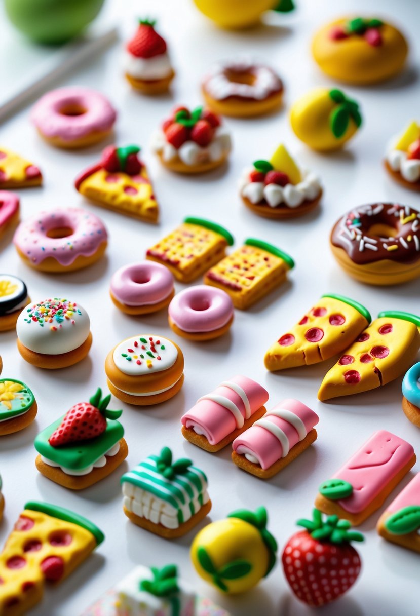A collection of colorful food-themed polymer clay magnets arranged on a white surface, including pizza, donuts, cupcakes, sushi, ice cream, and fruit.