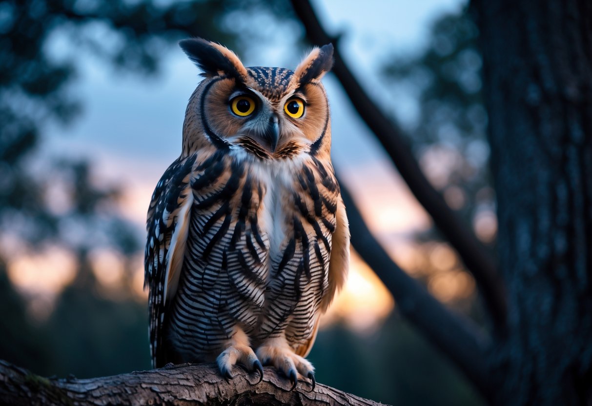 Close-up of an owl perched on a tree branch in a forest at twilight, looking alert with wide eyes.