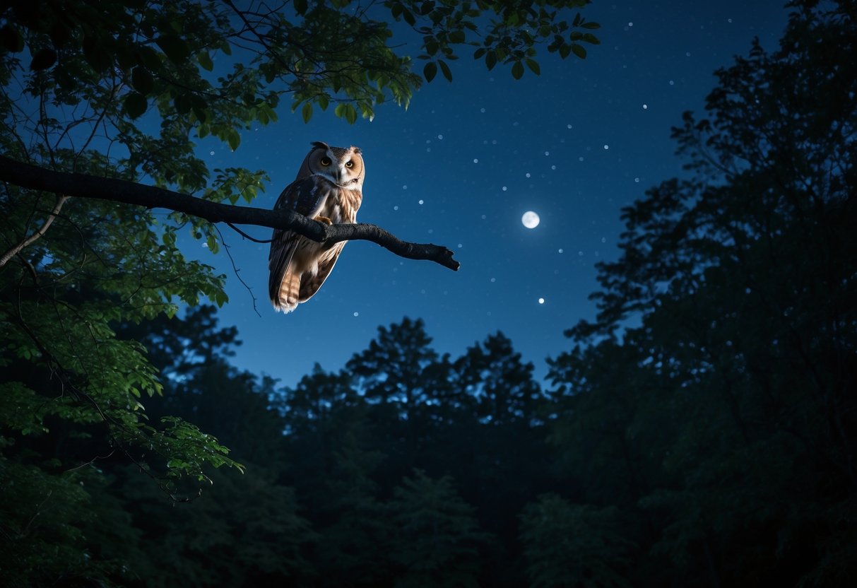 An owl perched on a tree branch in a dark forest at night with a starry sky.