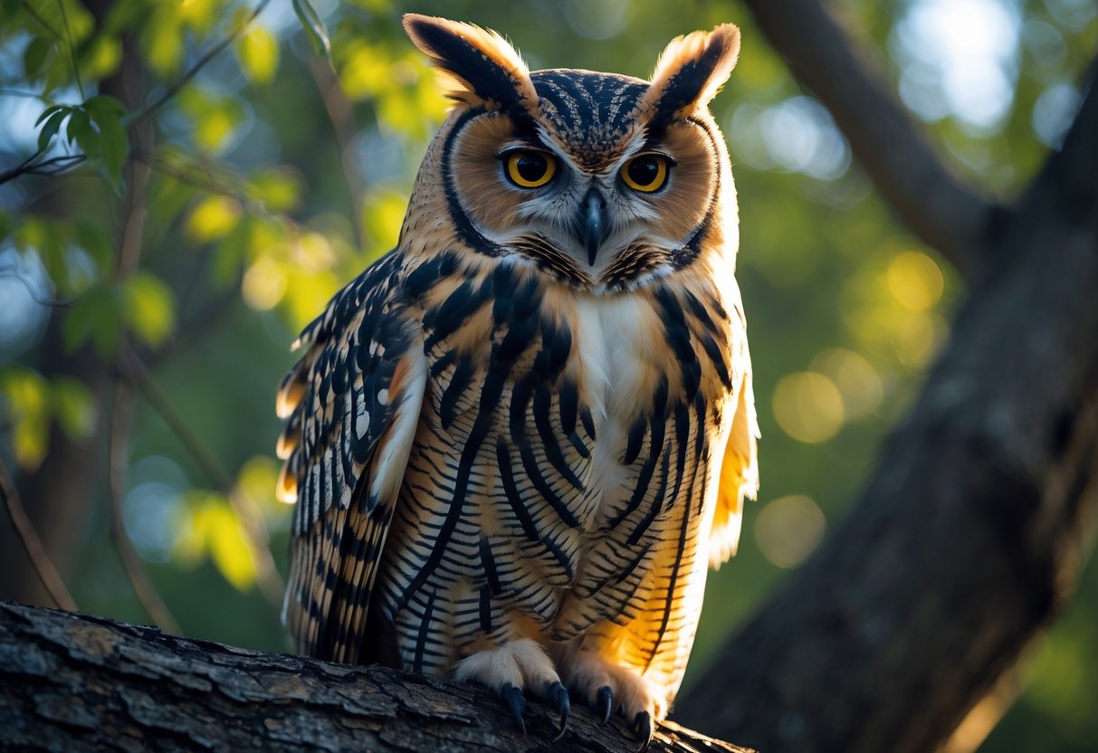 Close-up of an owl perched on a tree branch in a forest with focused eyes and detailed feathers.