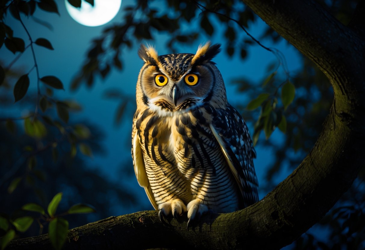 Close-up of an owl with glowing yellow eyes perched on a tree branch at night surrounded by dark foliage.