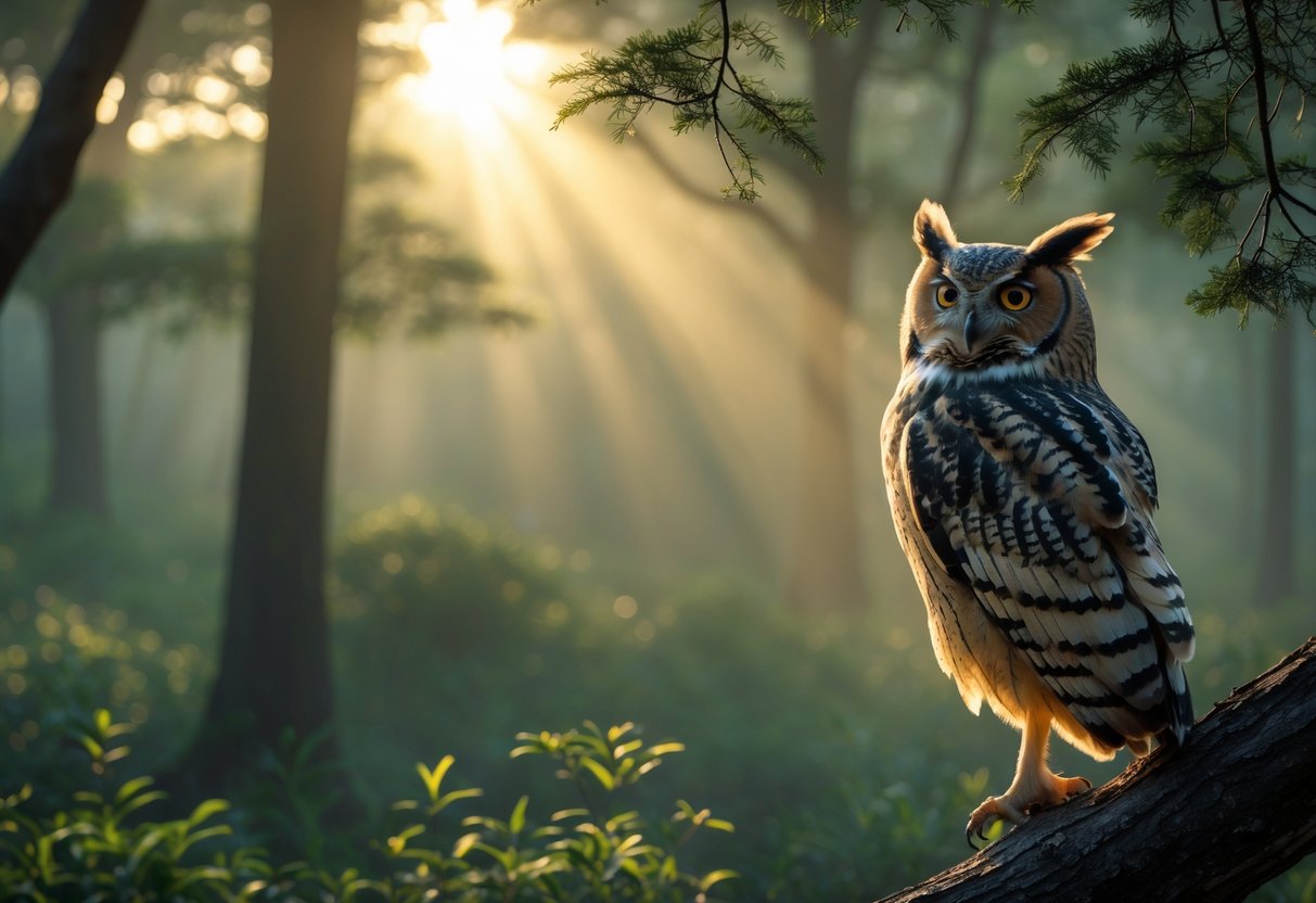 An owl perched on a tree branch in a misty forest at dawn, with soft sunlight filtering through the trees.