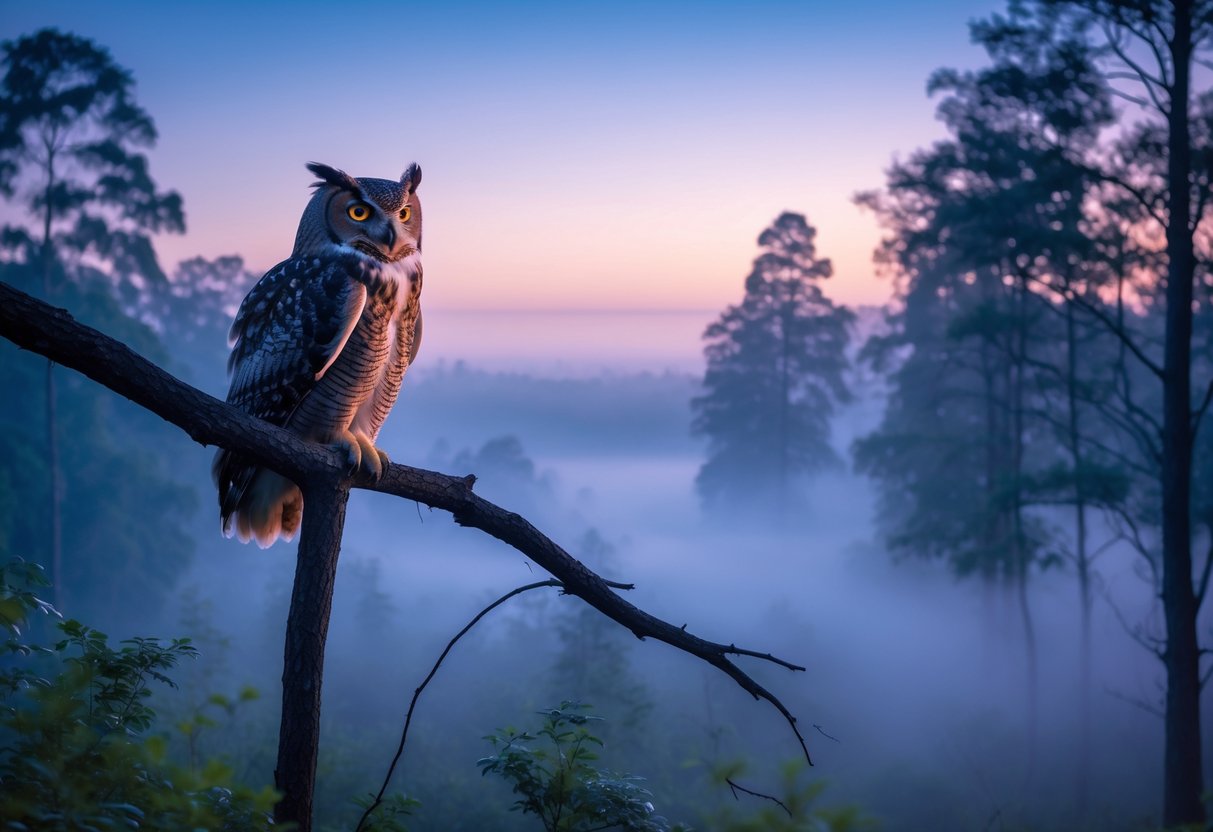 An owl perched on a tree branch in a misty forest at dawn, mid-hoot with soft early morning light.