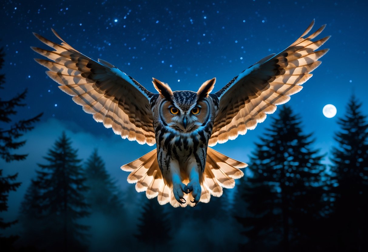 An owl flying at night with wings spread wide over a dark forest under a starry sky.