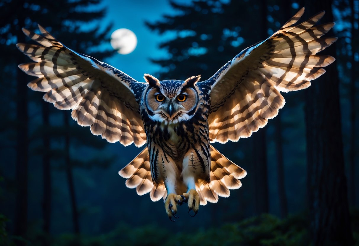 An owl flying freely through a moonlit forest at night with wings fully spread.