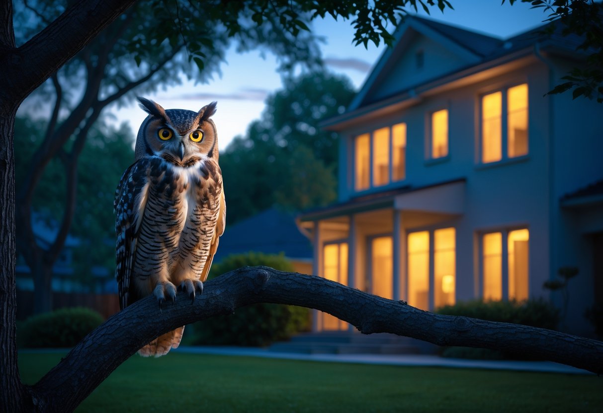 An owl perched on a tree branch near a house at dusk in a suburban backyard.