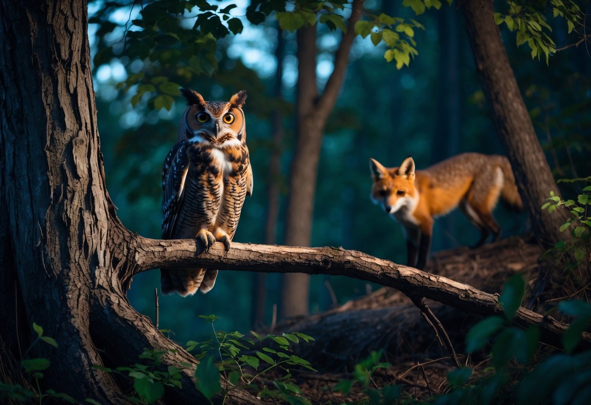 An owl perched on a tree branch with a fox hidden in the background looking up at it in a forest at dusk.