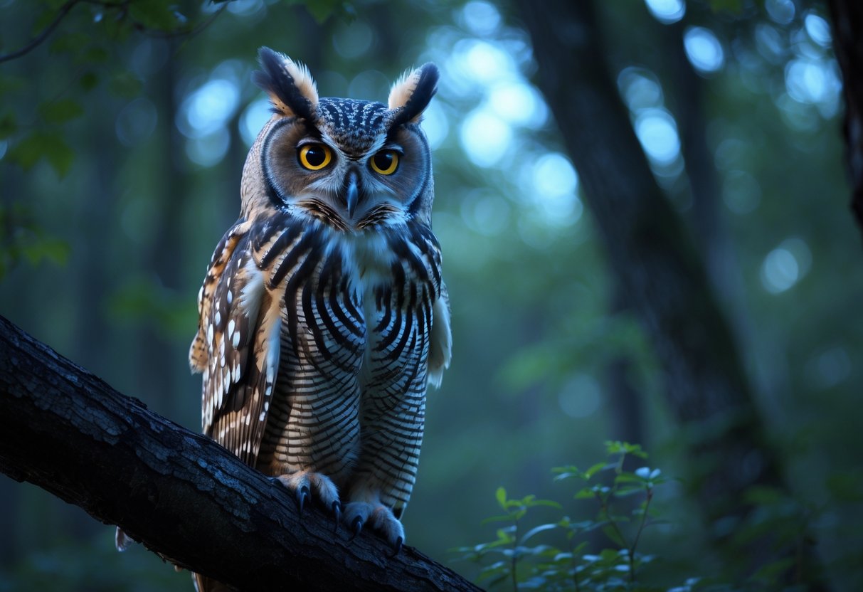A close-up of an owl perched silently on a tree branch in a forest at twilight.