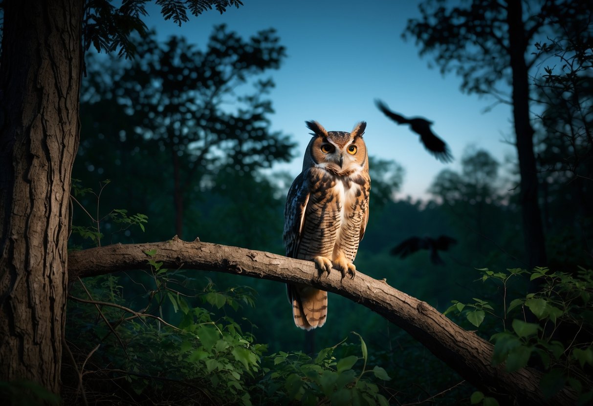An owl perched on a tree branch in a forest at dusk with a fox nearby and a large bird flying in the background.