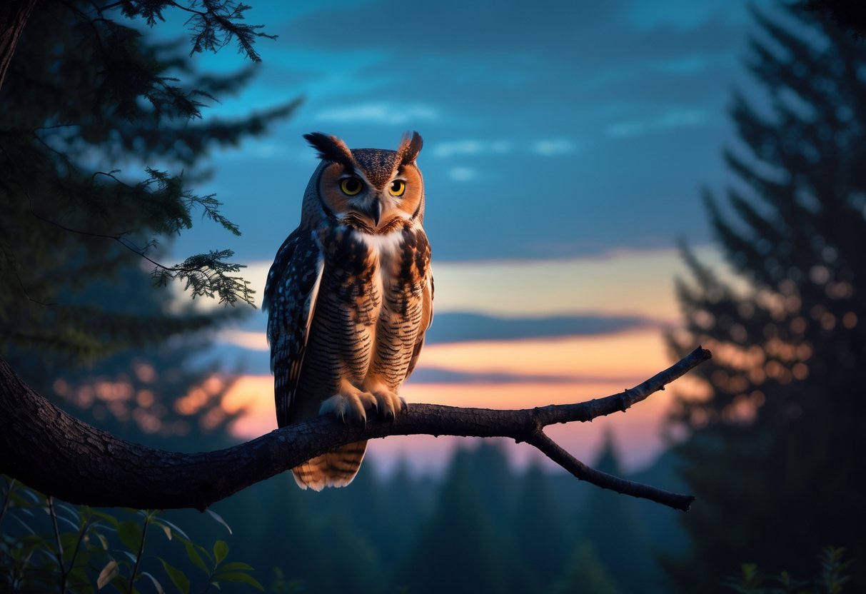 An owl perched on a tree branch in a forest at dusk with a colorful sky in the background.