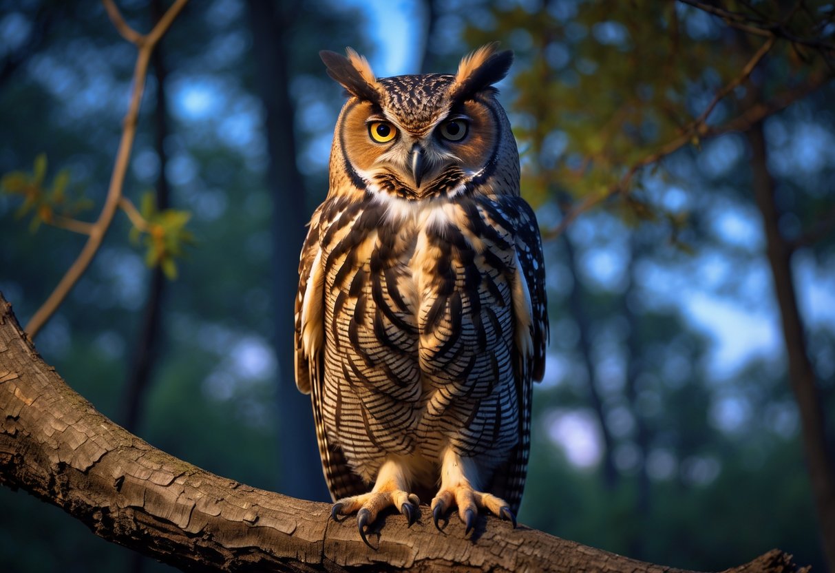 An owl perched upright on a tree branch in a forest at twilight.