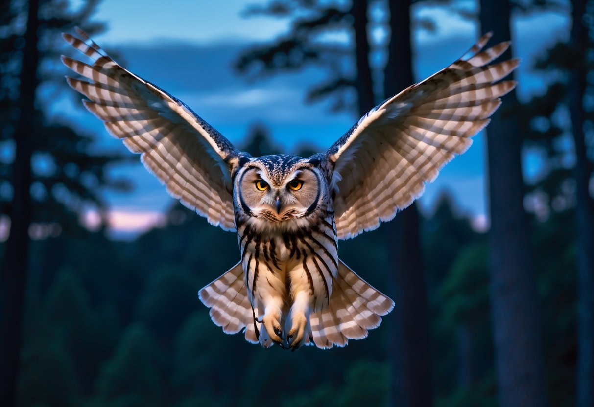 An owl flying silently through a forest at dusk with its wings fully spread.