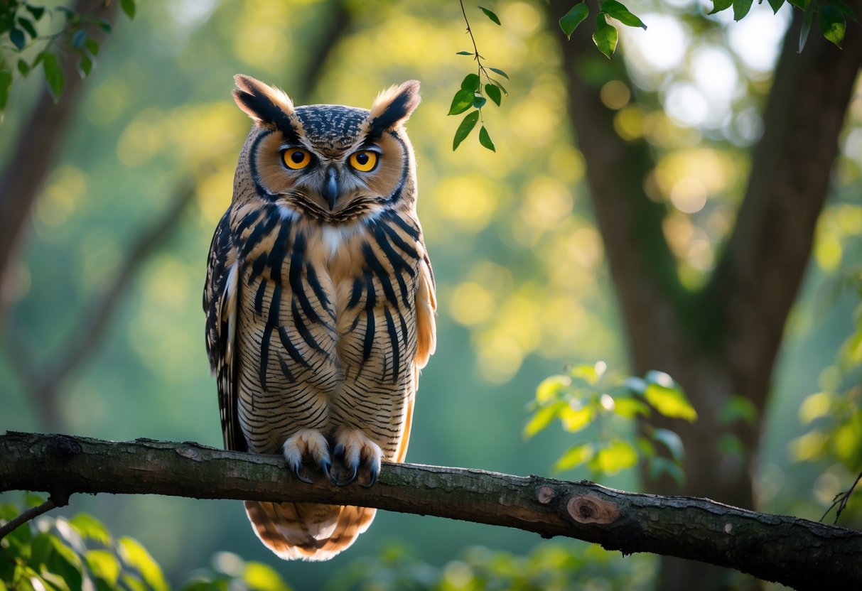 A large owl perched on a tree branch in a forest, staring directly ahead with bright yellow eyes.