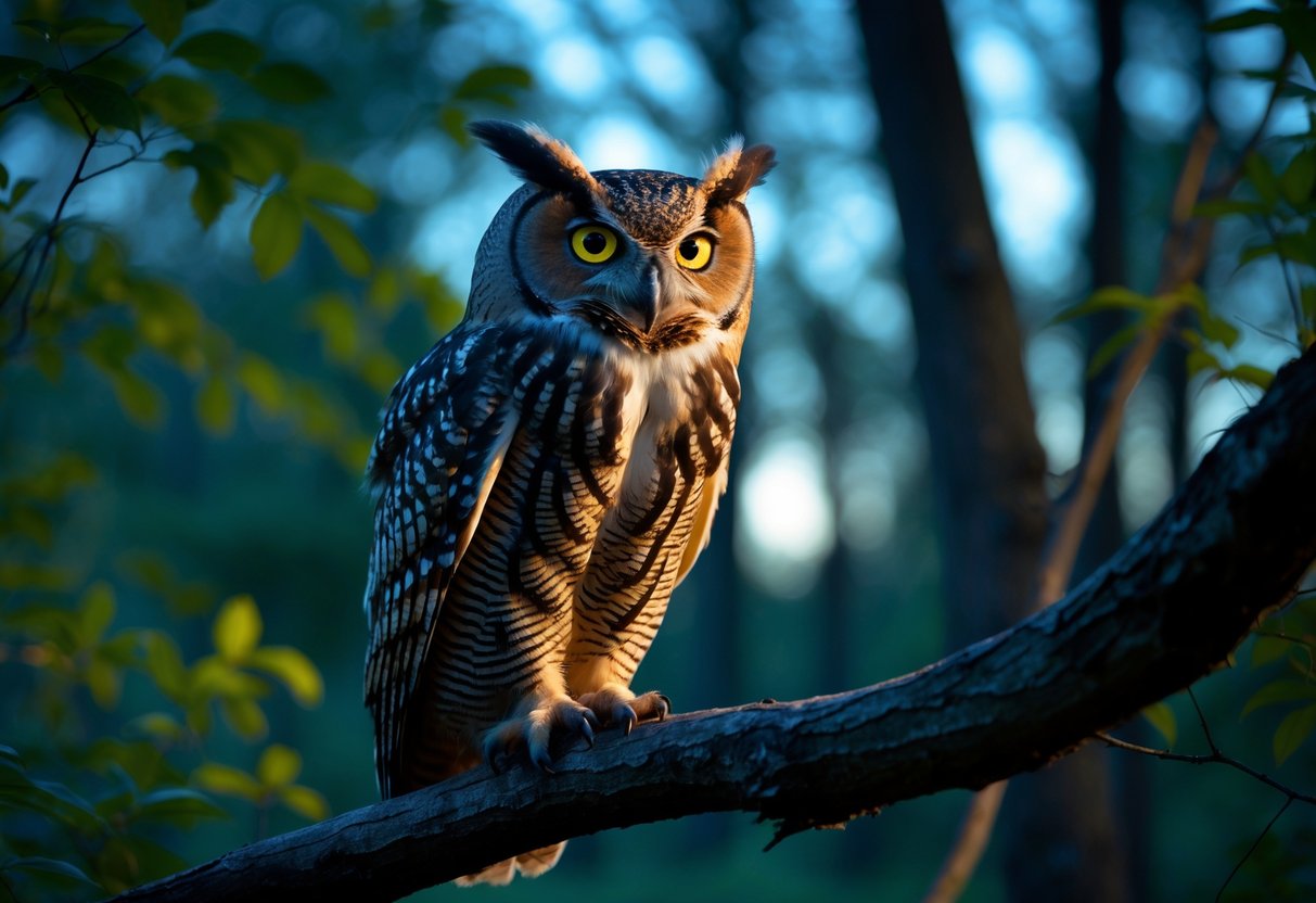 A close-up of an owl perched on a tree branch in a forest, staring directly ahead with glowing yellow eyes.