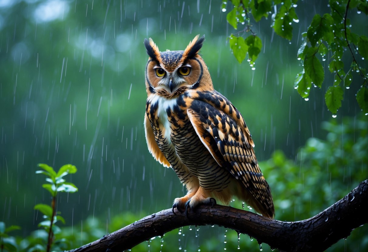 An owl perched on a wet tree branch with damp feathers during a gentle rain in a forest.