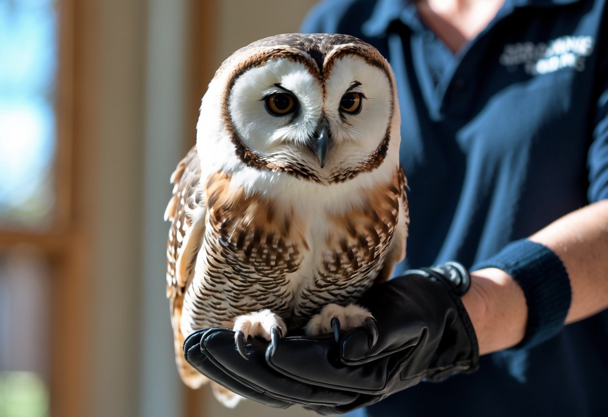 A person gently holding a calm owl perched on their gloved hand indoors.