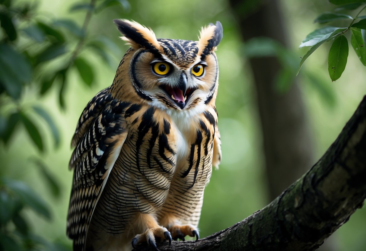 Close-up of an angry owl perched on a tree branch with fluffed feathers and intense eyes in a forest.