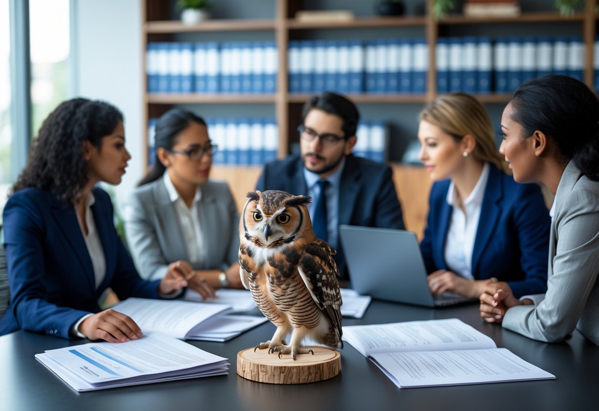 Three people discussing around a conference table with an owl perched on a wooden stand, surrounded by legal and ethical documents in an office setting.