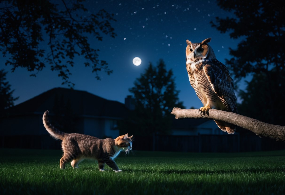 A large owl perched on a tree branch at night looking at a cat walking below in a backyard.