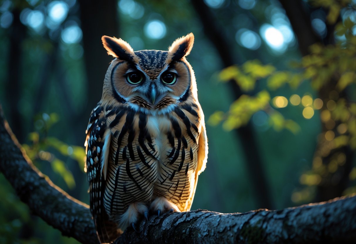 A close-up of an owl perched on a tree branch in a forest at twilight, looking attentively ahead.