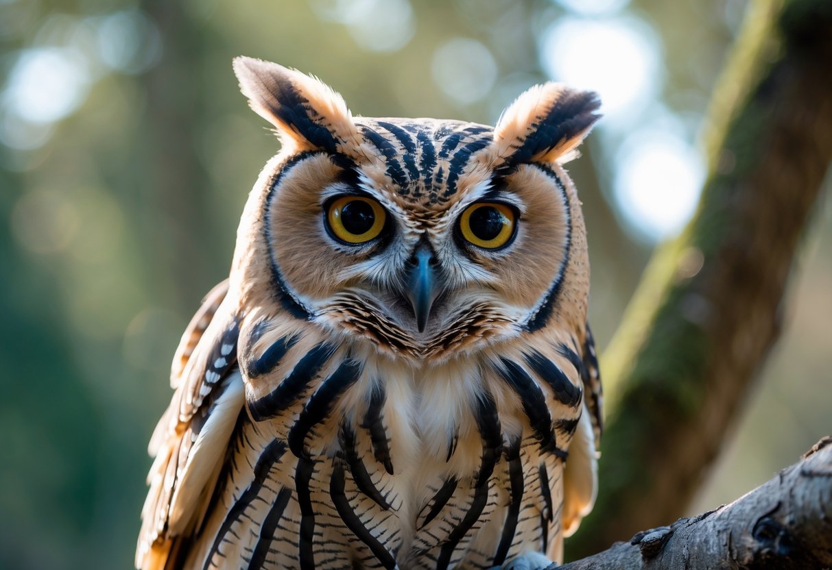 Close-up of an owl perched on a branch, staring directly ahead with large eyes.