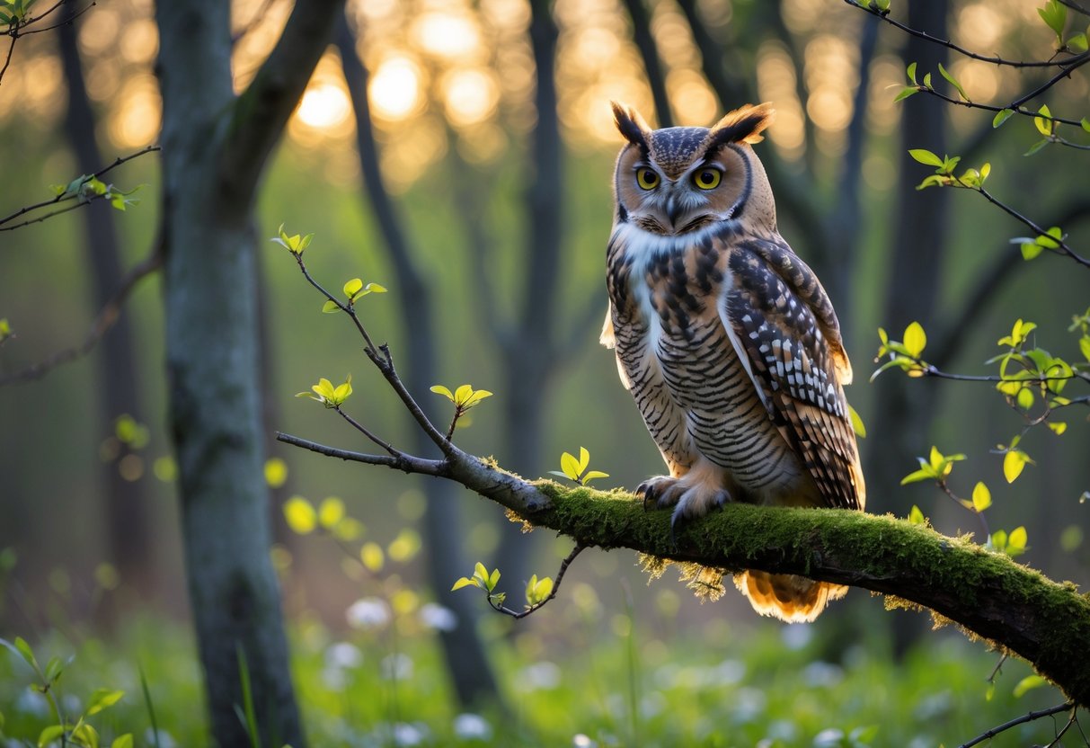 An owl perched on a mossy branch in a forest during early spring at dusk.