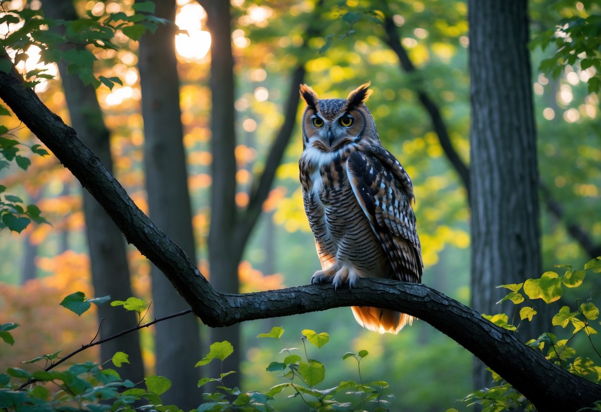An owl perched on a tree branch in a forest with green and autumn-colored leaves and soft sunlight filtering through.