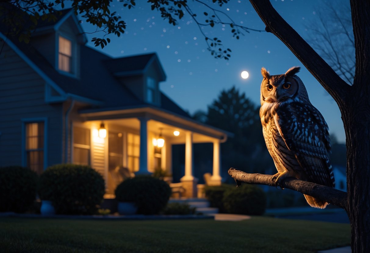 An owl perched on a tree branch outside a house at night under a starry sky.