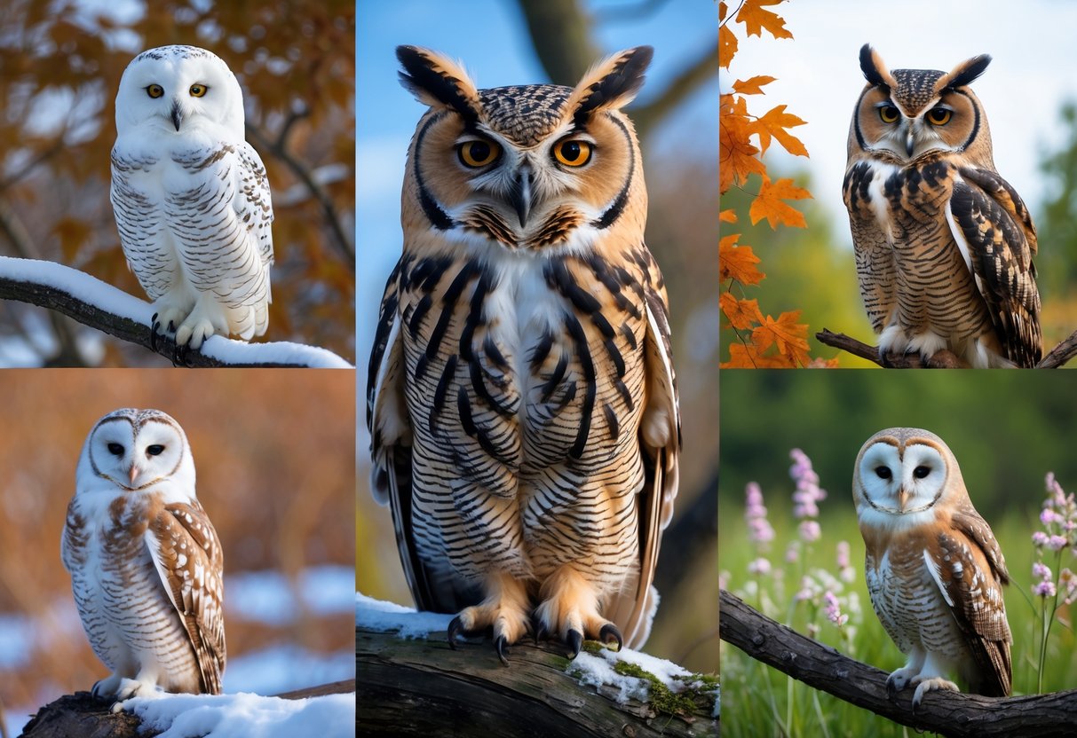 Several different owl species perched in natural settings representing different seasons, including snow, autumn leaves, spring flowers, and summer greenery.