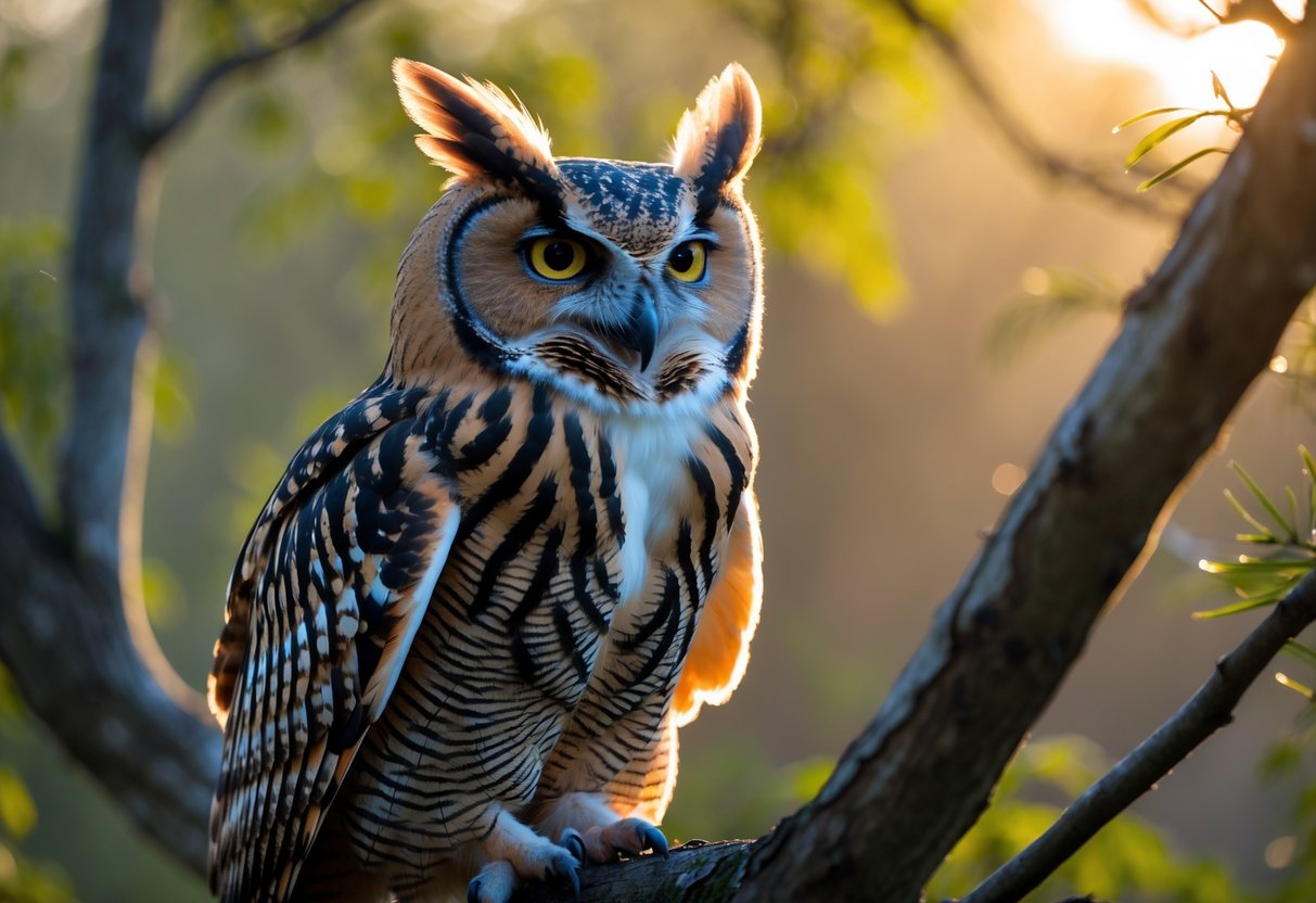 A close-up of an owl perched on a tree branch with bright eyes and detailed feathers in a forest setting.