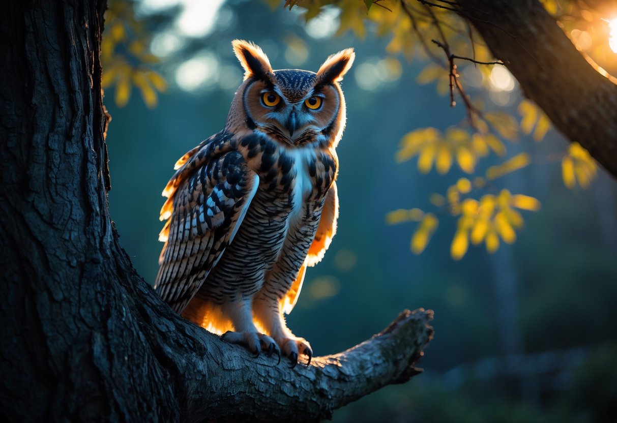 An owl perched on a tree branch in a forest at dusk, looking directly ahead with watchful eyes.