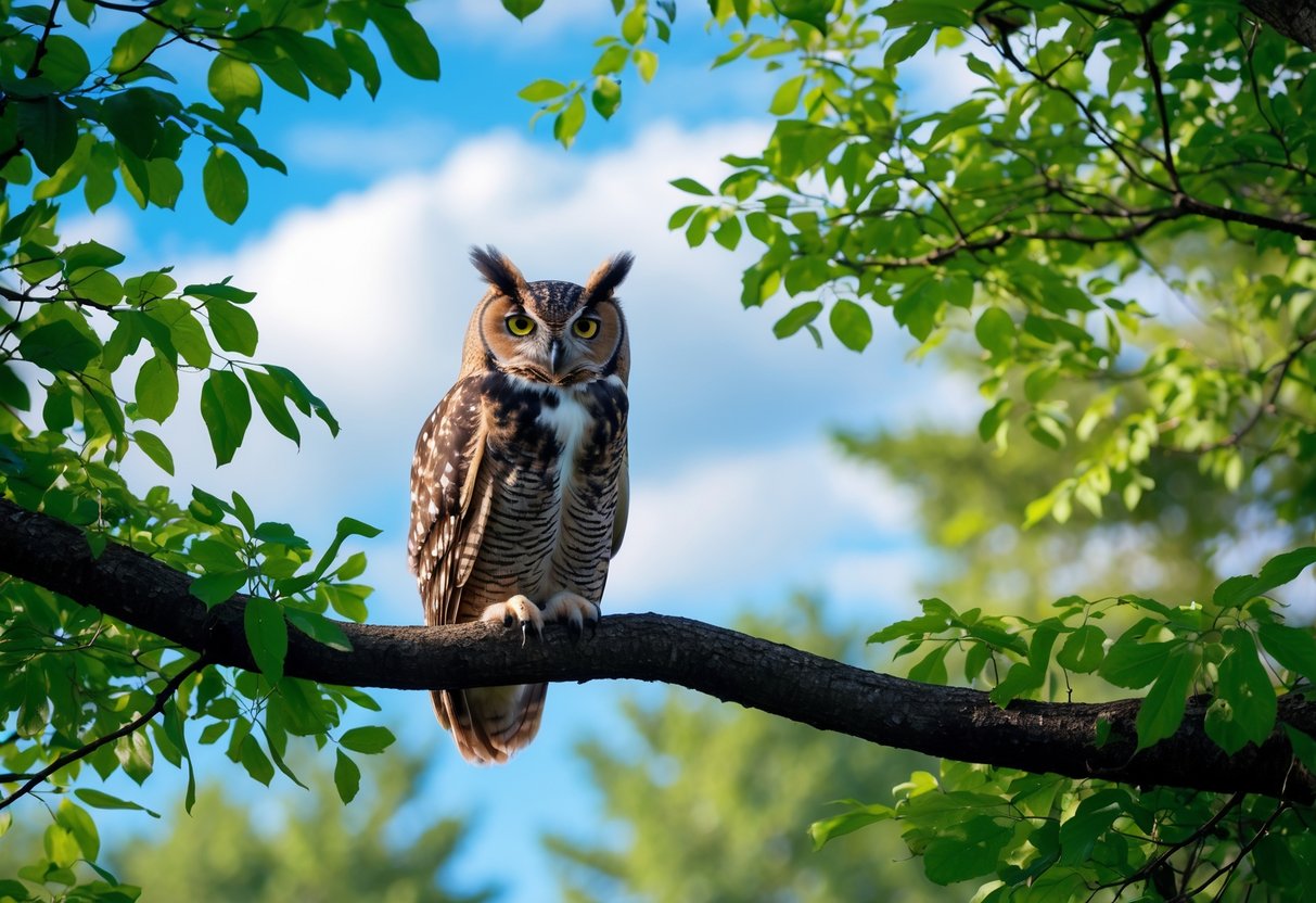 An owl perched on a tree branch in a bright daytime forest with green leaves and blue sky.