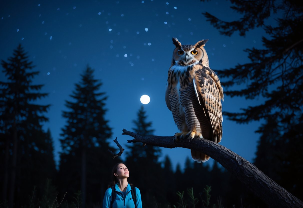 A person quietly watching an owl hooting on a tree branch in a moonlit forest at night.