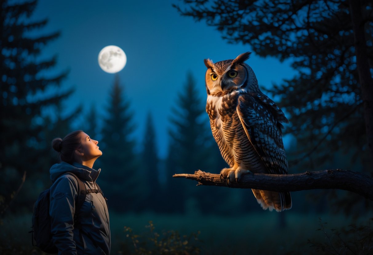A person in outdoor clothing listens attentively to an owl hooting from a tree branch in a moonlit forest at night.