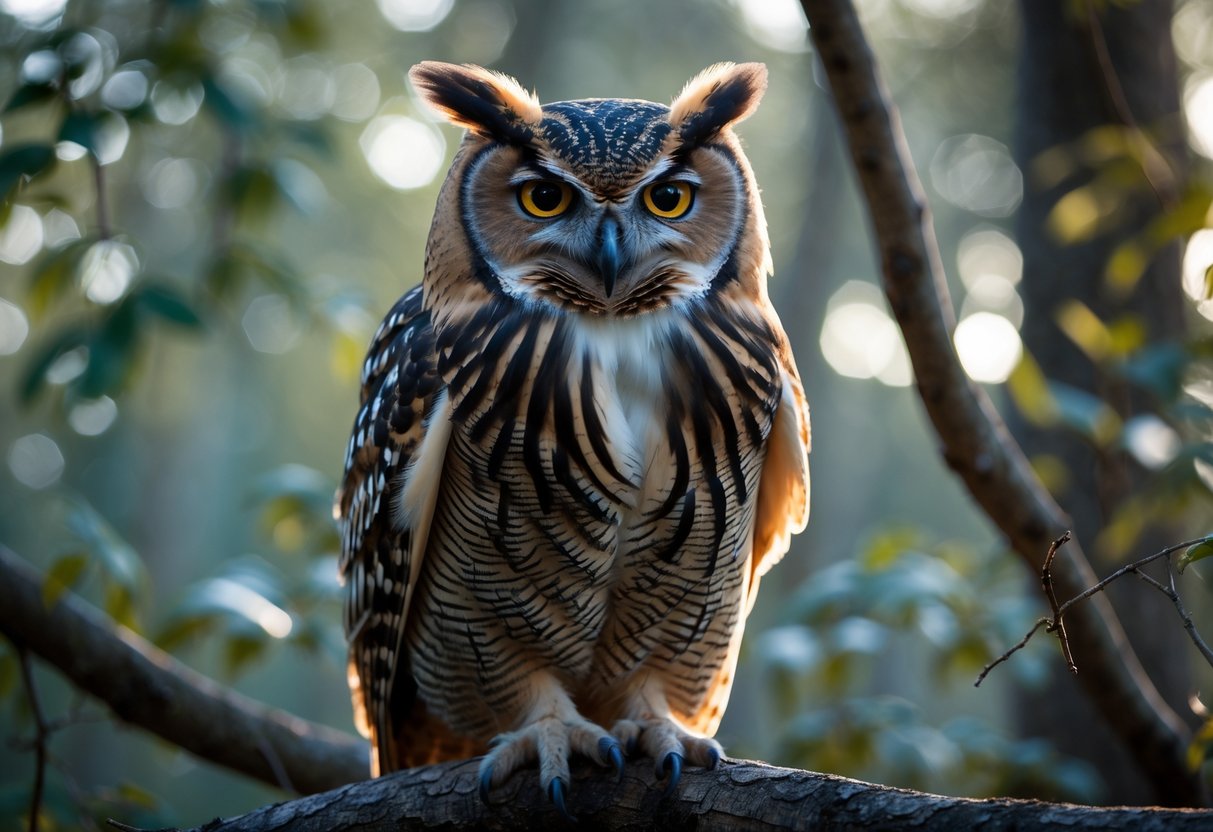 A close-up of an owl perched on a branch, staring directly ahead with intense eyes.