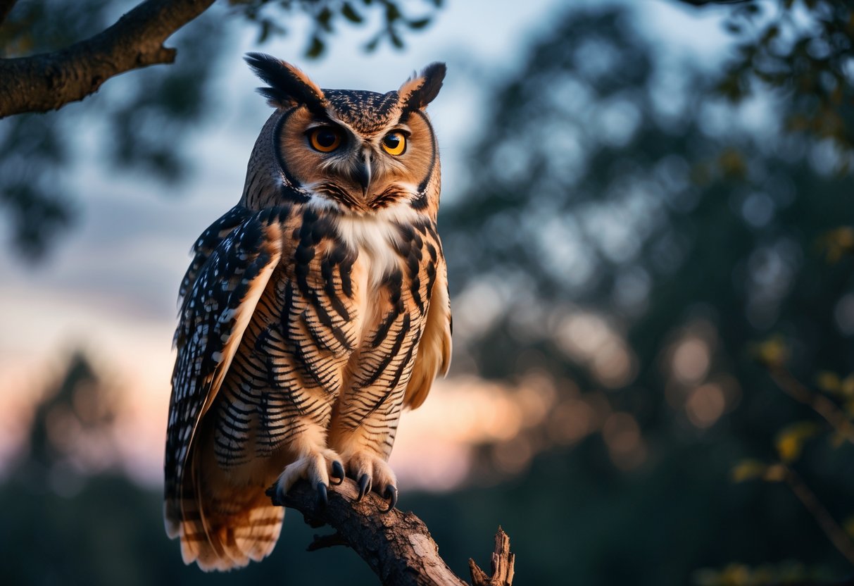 An owl perched on a tree branch at dusk with its beak open as if hooting.