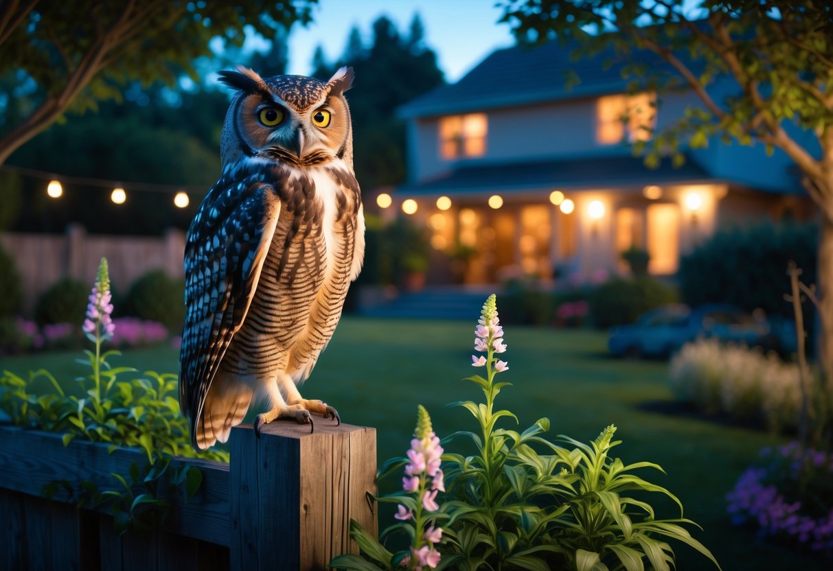 An owl perched on a wooden fence post in a backyard garden at dusk.