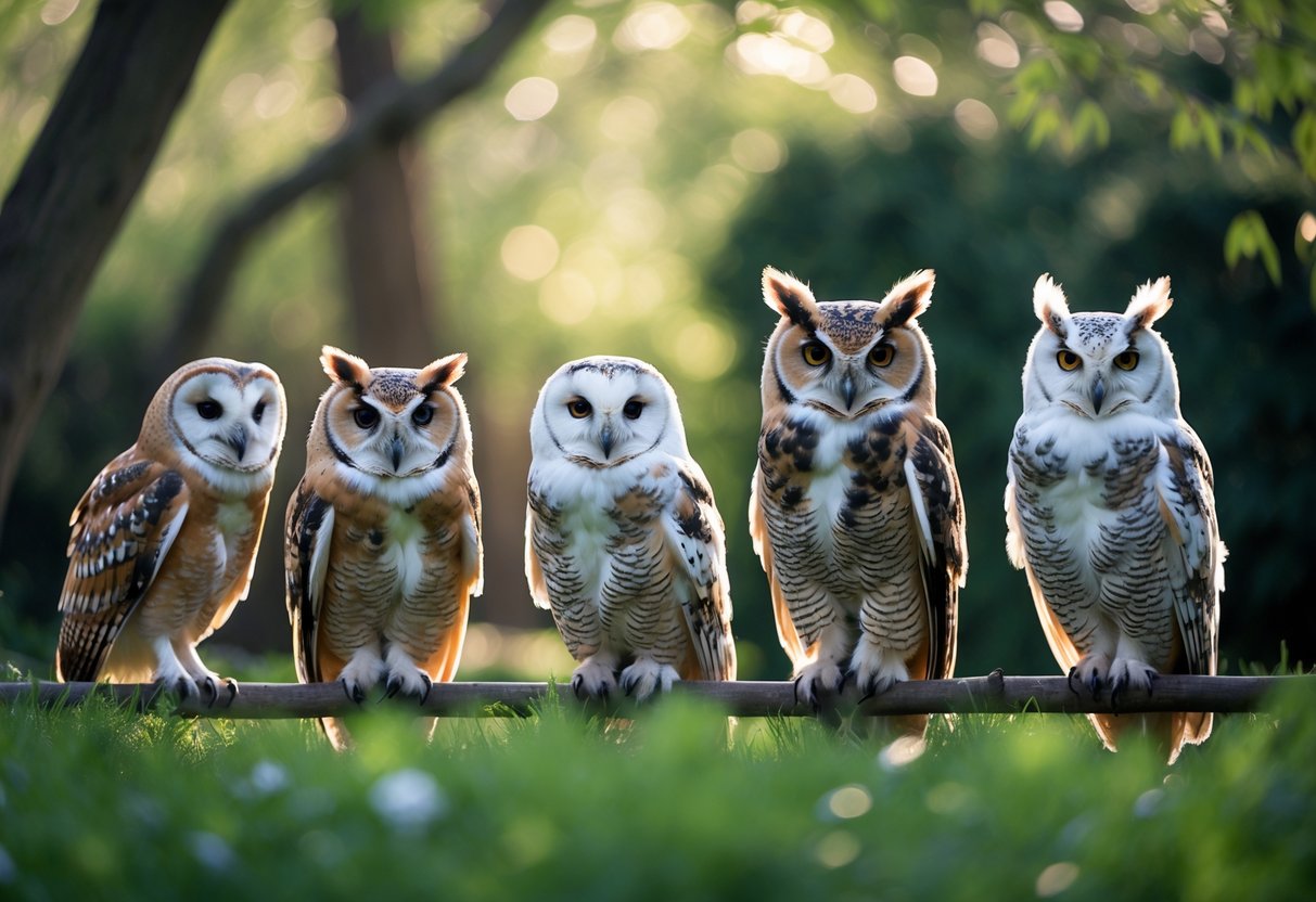 Several different types of owls perched on branches in a peaceful backyard or forest setting with green trees and sunlight.