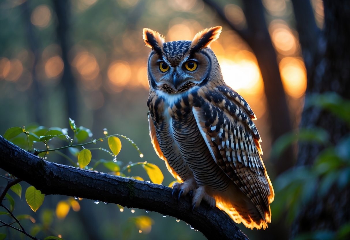An owl perched on a tree branch in a forest at dusk, looking intently into the distance.