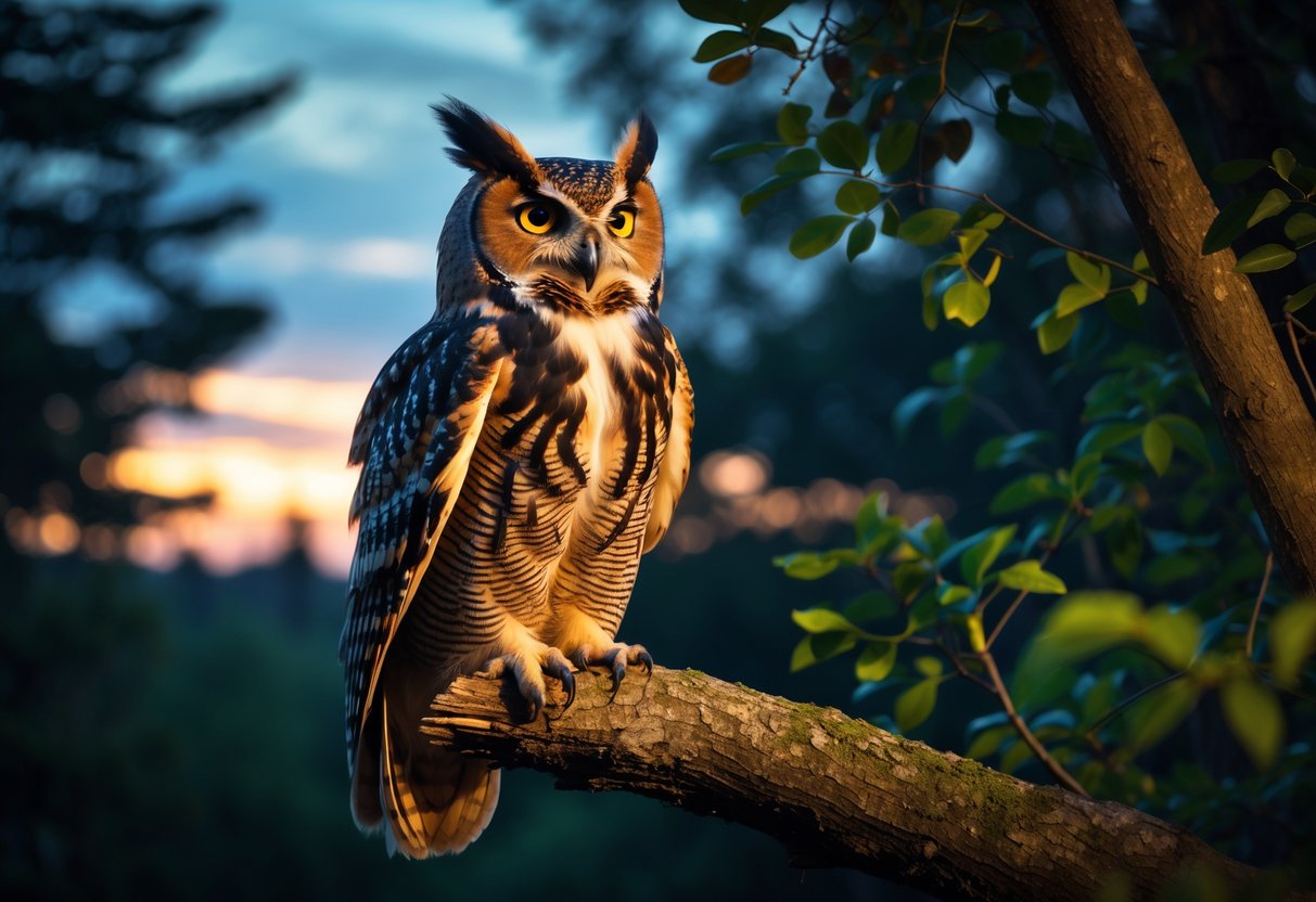 An owl perched on a tree branch in a forest at dusk, calling with its beak open.