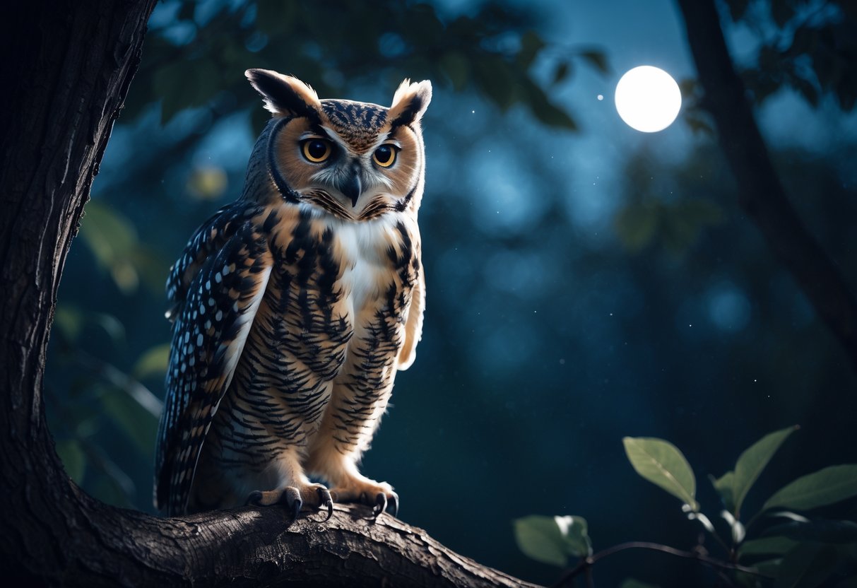 An owl perched on a tree branch at night with its beak open, surrounded by a dark forest and moonlight.