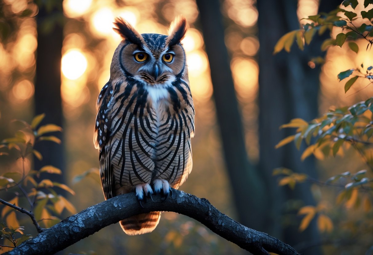 An Eastern Screech Owl perched on a tree branch in a forest at dusk.