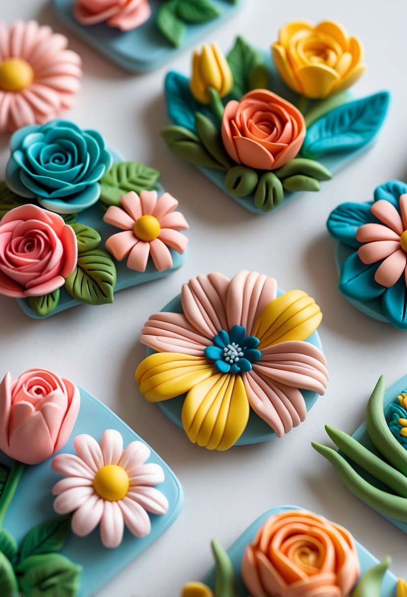 A collection of colorful hand-painted clay flower magnets arranged on a plain background.