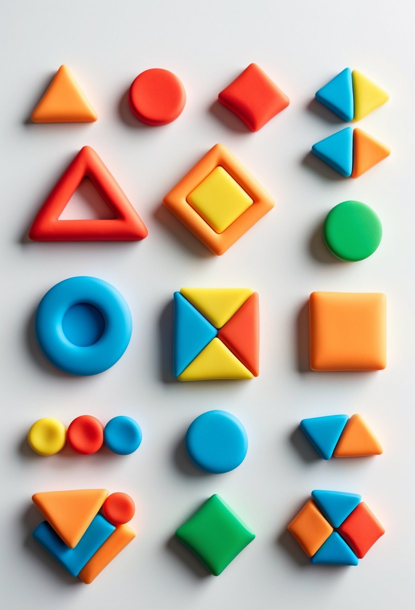 A collection of bright, colorful geometric polymer clay magnets arranged on a white surface.