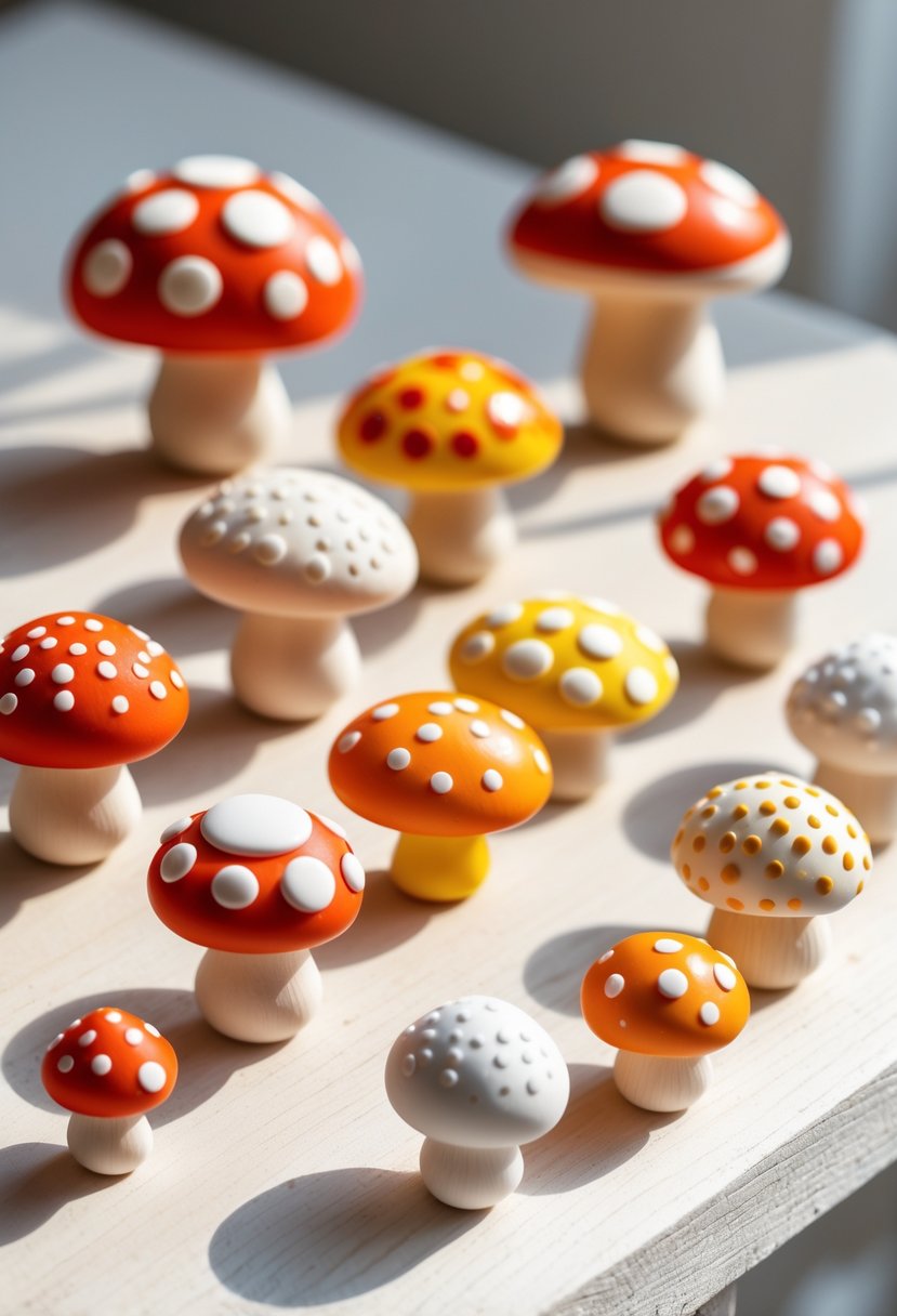 A group of colorful mushroom-shaped polymer clay magnets displayed on a wooden surface.