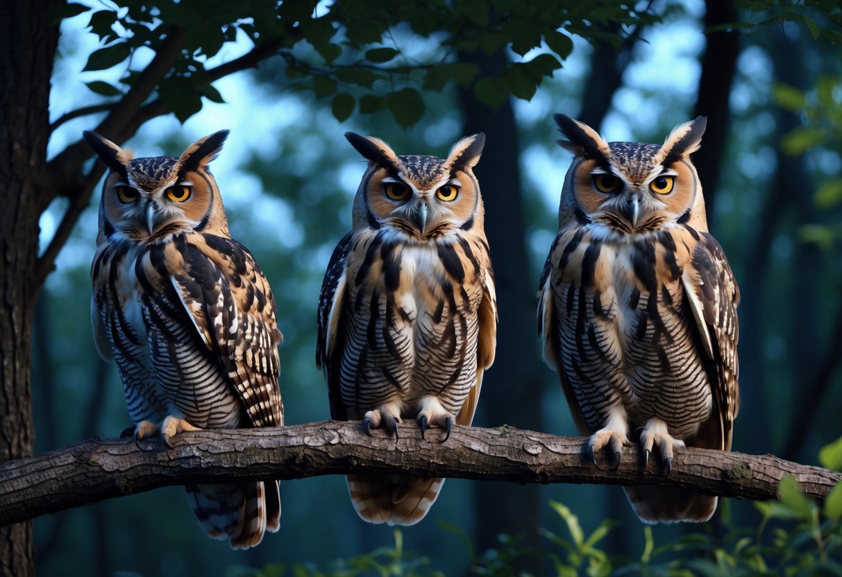 Three different owls perched on tree branches in a twilight forest, one owl is shown hooting with its beak open.