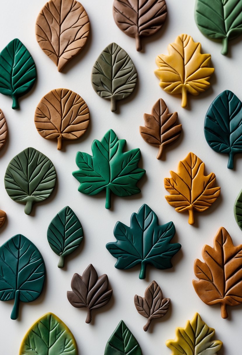 A collection of 15 polymer clay magnets shaped and textured like various leaves, displayed on a neutral background.